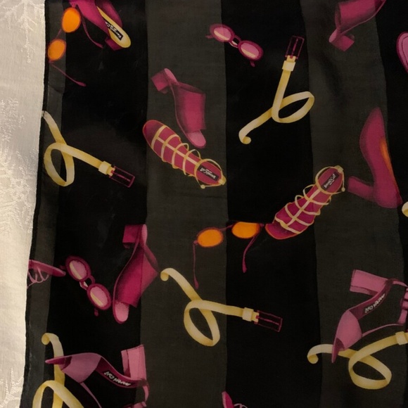 Vintage Kenneth Cole 100% Silk Scarf / Black Scarf w/Pink and Yellow Accessories - Picture 2 of 5